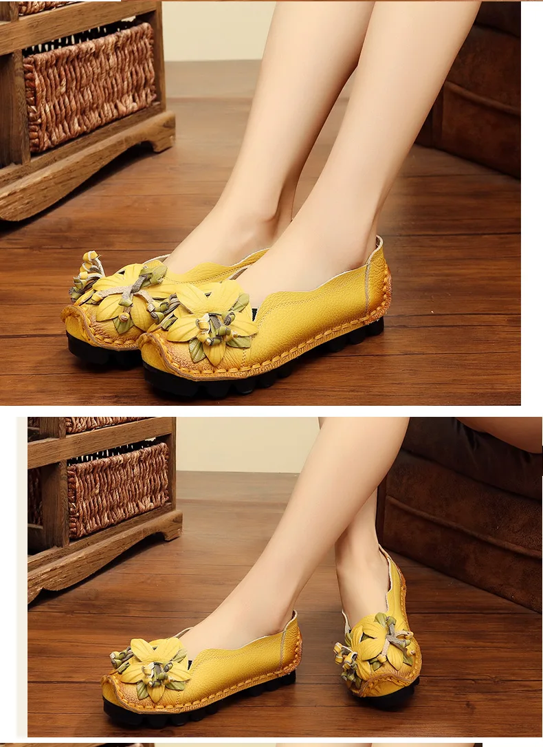 Vintage Real Leather Ballet Flats Shoes Women's Loafers Anti Skid Blue Moccasins Ladies Waterproof Driving Shoes Big Size 42