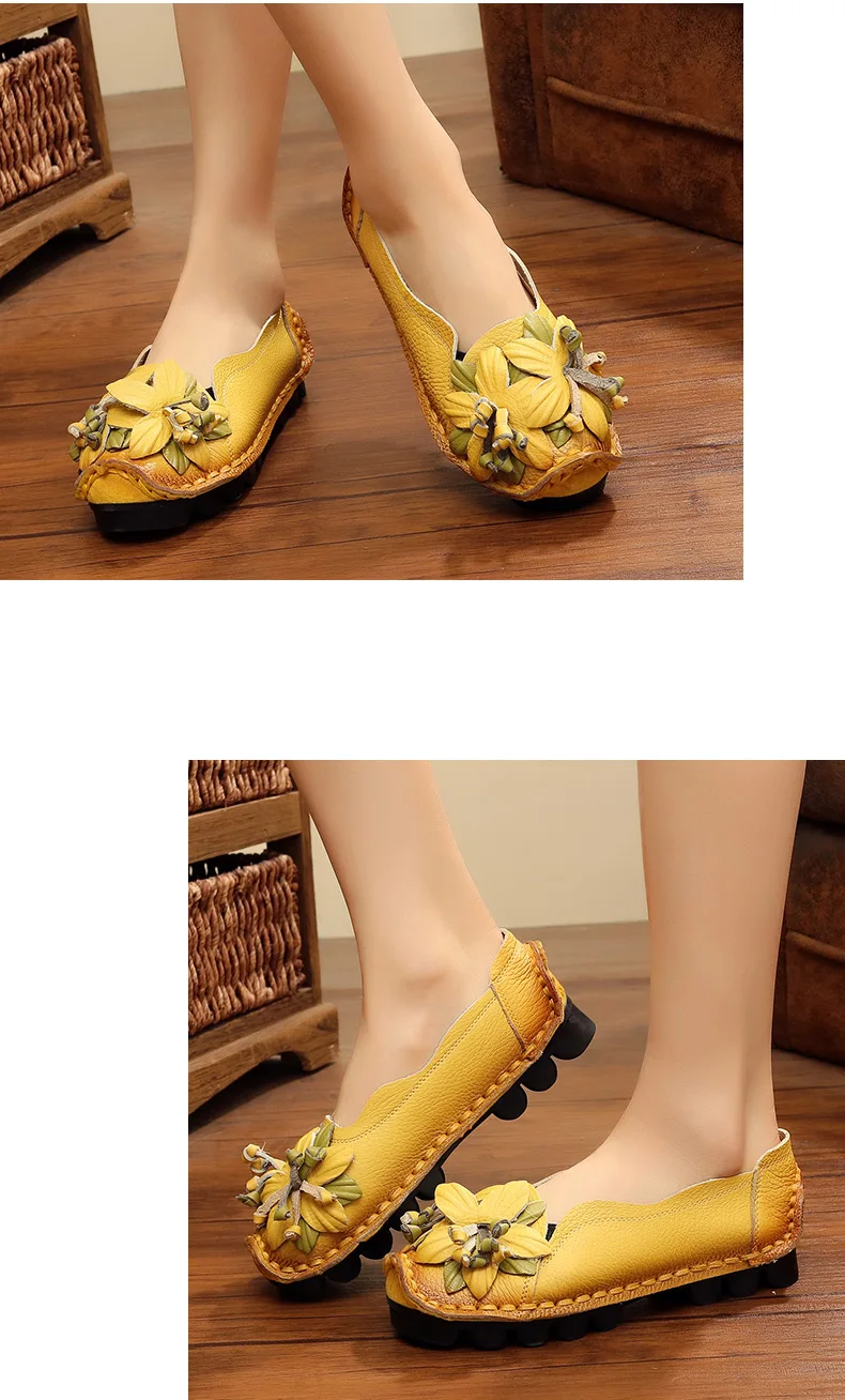 Vintage Real Leather Ballet Flats Shoes Women's Loafers Anti Skid Blue Moccasins Ladies Waterproof Driving Shoes Big Size 42