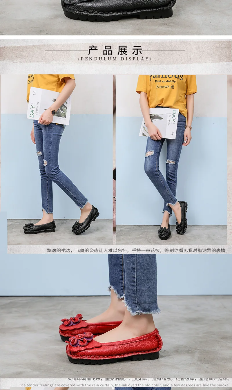 Vintage Real Leather Ballet Flats Shoes Women's Loafers Anti Skid Blue Moccasins Ladies Waterproof Driving Shoes Big Size 42