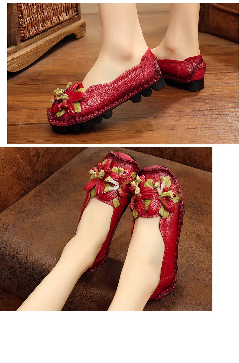 Vintage Real Leather Ballet Flats Shoes Women's Loafers Anti Skid Blue Moccasins Ladies Waterproof Driving Shoes Big Size 42