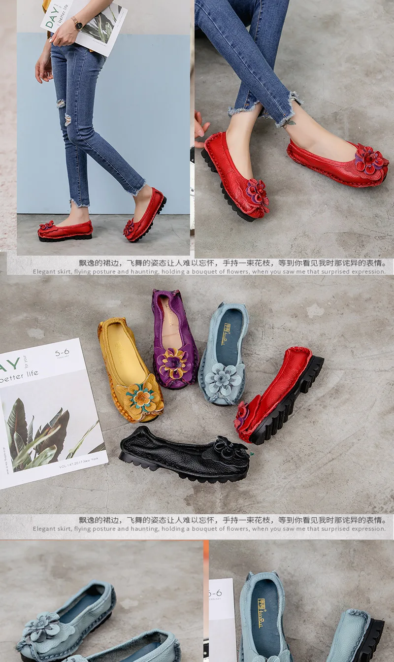Vintage Real Leather Ballet Flats Shoes Women's Loafers Anti Skid Blue Moccasins Ladies Waterproof Driving Shoes Big Size 42