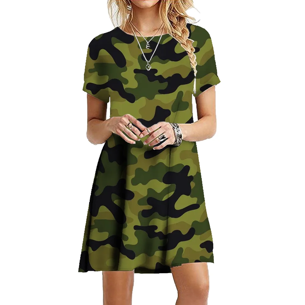 Military Camouflage Dresses For Women 2023 Summer Print Short Sleeve A-Line Dress Loose Casual Oversized Mini Clothing Vestidos