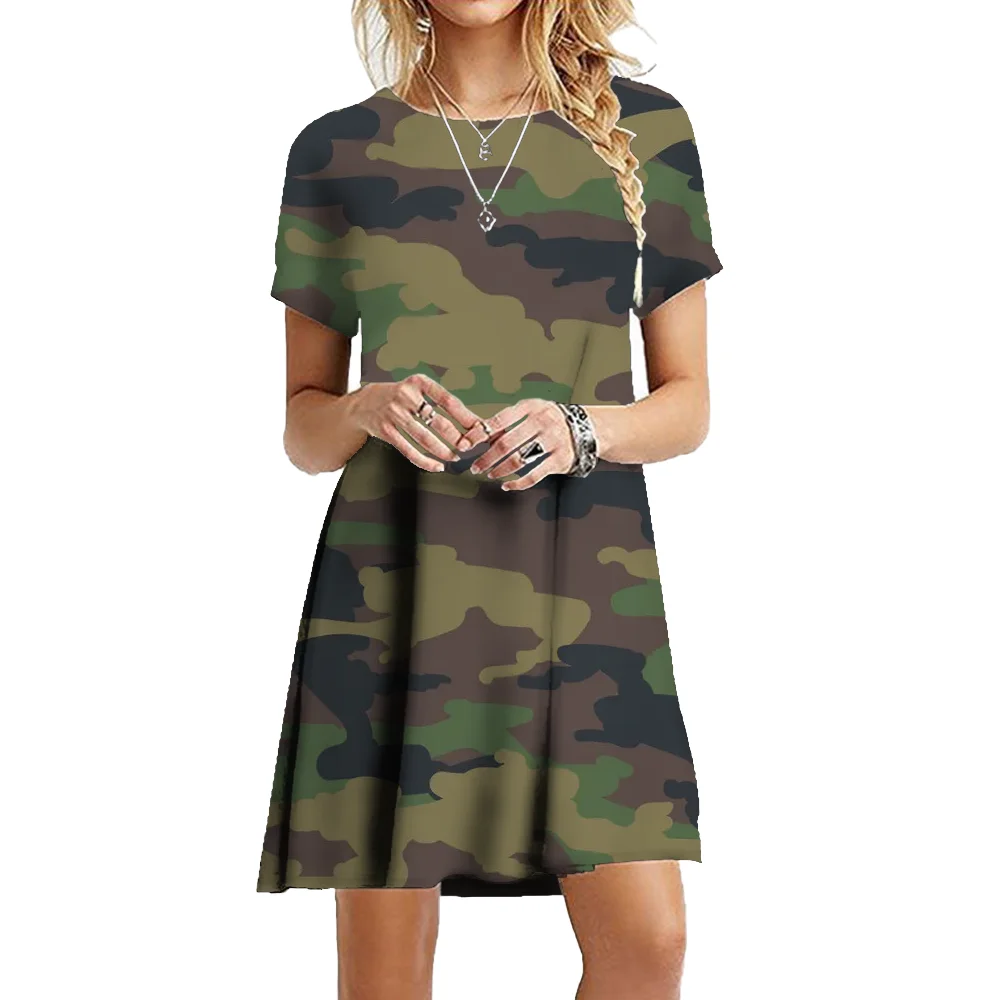 Military Camouflage Dresses For Women 2023 Summer Print Short Sleeve A-Line Dress Loose Casual Oversized Mini Clothing Vestidos