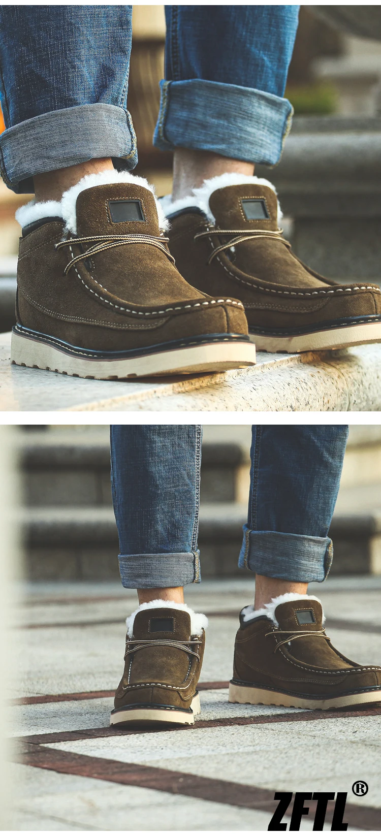 ZFTL Men's Winter Warm boots Wool Snow Casual Boots Men's cowhide thick-soled bread shoes Thickened casual men's cotton boots