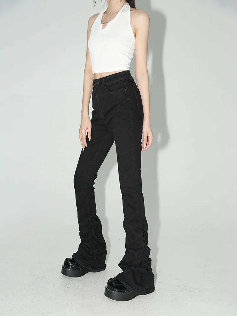 REDDACHiC Stacked Flare Jeans Women Black Trousers Goth Retro Solid Stretch High Rise Boot Cut Pants Japanese Korean Y2k Fashion
