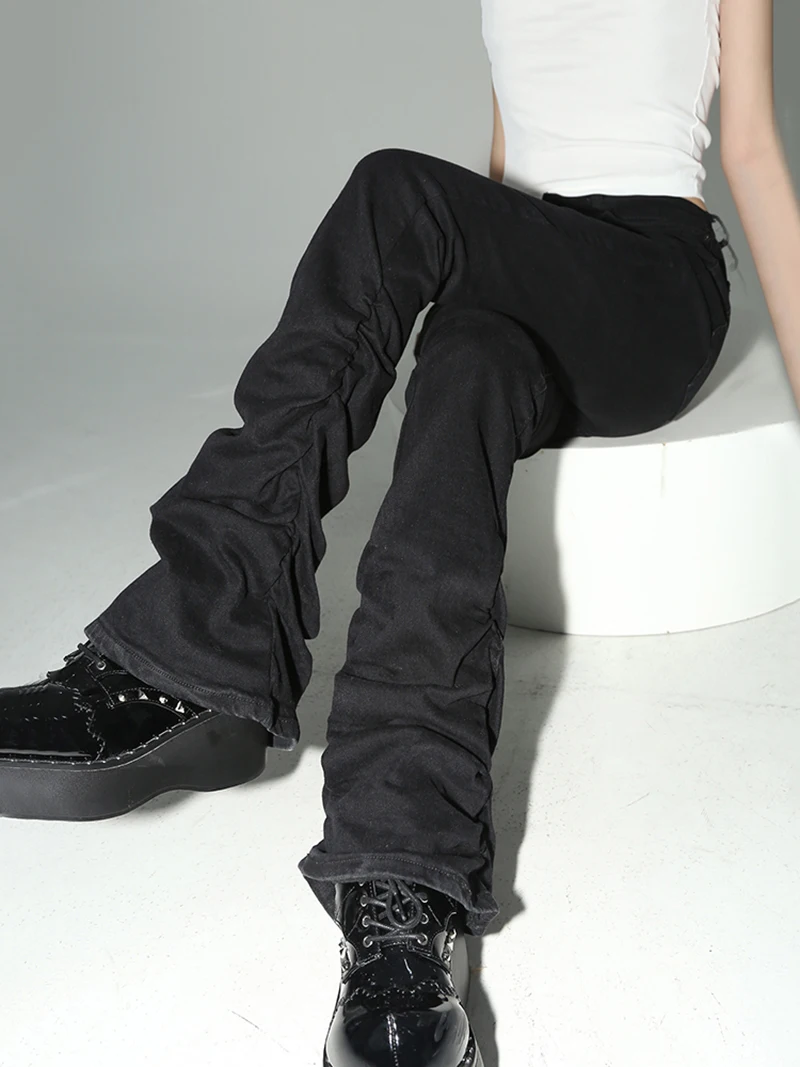 REDDACHiC Stacked Flare Jeans Women Black Trousers Goth Retro Solid Stretch High Rise Boot Cut Pants Japanese Korean Y2k Fashion