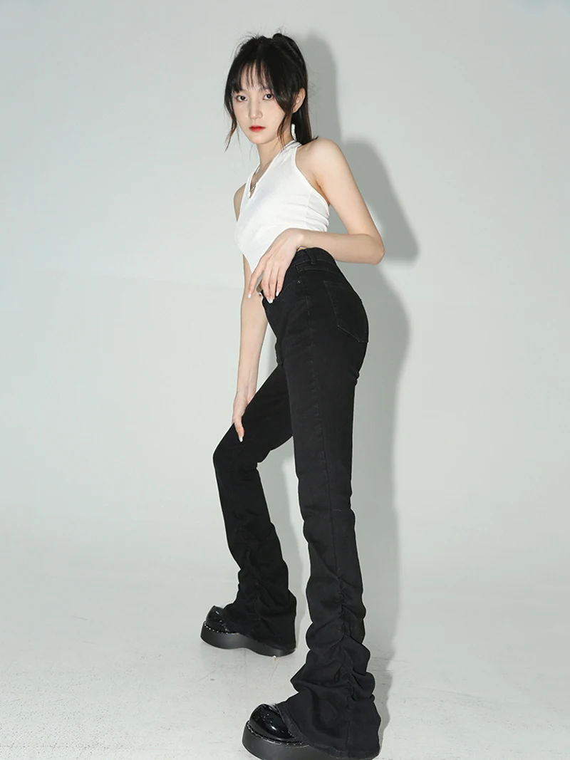 REDDACHiC Stacked Flare Jeans Women Black Trousers Goth Retro Solid Stretch High Rise Boot Cut Pants Japanese Korean Y2k Fashion