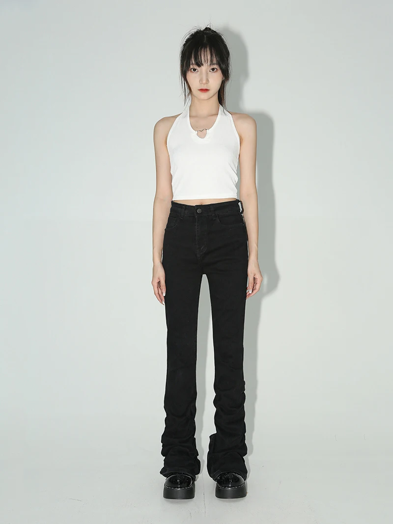 REDDACHiC Stacked Flare Jeans Women Black Trousers Goth Retro Solid Stretch High Rise Boot Cut Pants Japanese Korean Y2k Fashion