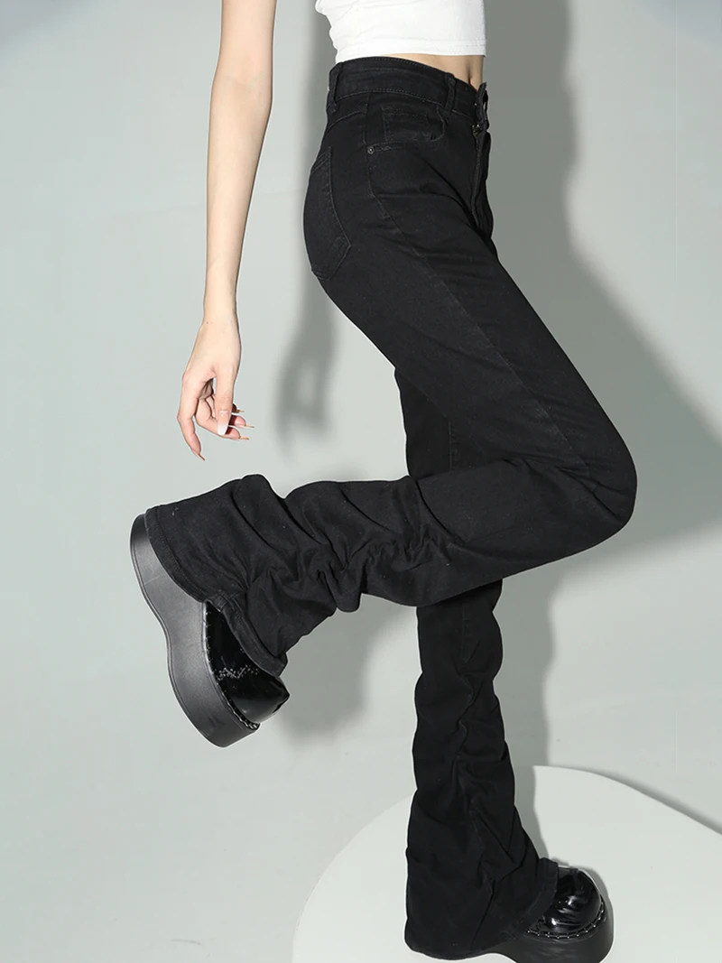 REDDACHiC Stacked Flare Jeans Women Black Trousers Goth Retro Solid Stretch High Rise Boot Cut Pants Japanese Korean Y2k Fashion