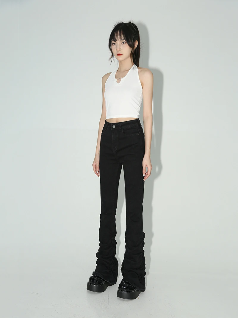 REDDACHiC Stacked Flare Jeans Women Black Trousers Goth Retro Solid Stretch High Rise Boot Cut Pants Japanese Korean Y2k Fashion