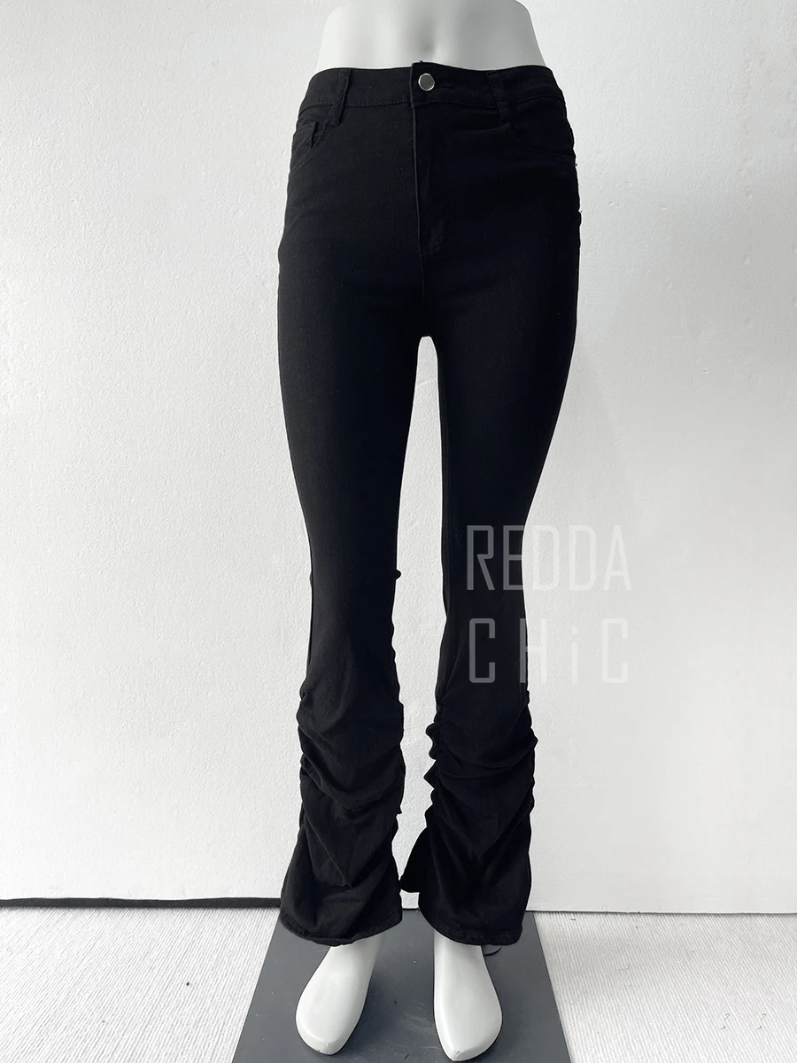 REDDACHiC Stacked Flare Jeans Women Black Trousers Goth Retro Solid Stretch High Rise Boot Cut Pants Japanese Korean Y2k Fashion