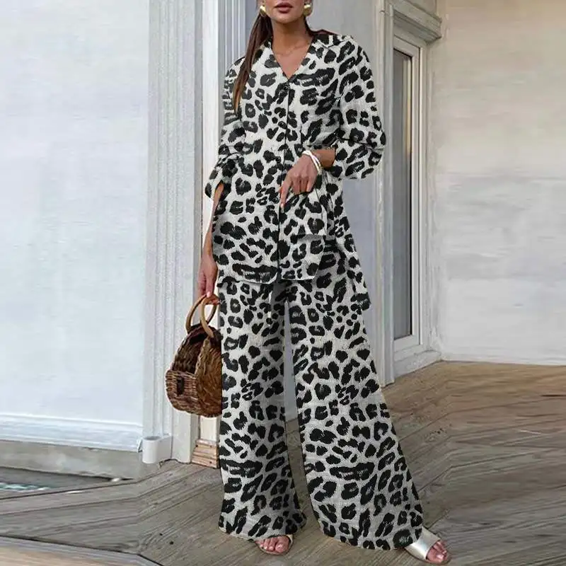 Fashion Women Leopard Print Pant Sets ZANZEA Casual Loose Tops and Pant Outfits 2023 Autumn Wide Leg Pant Leisure Two Piece Sets