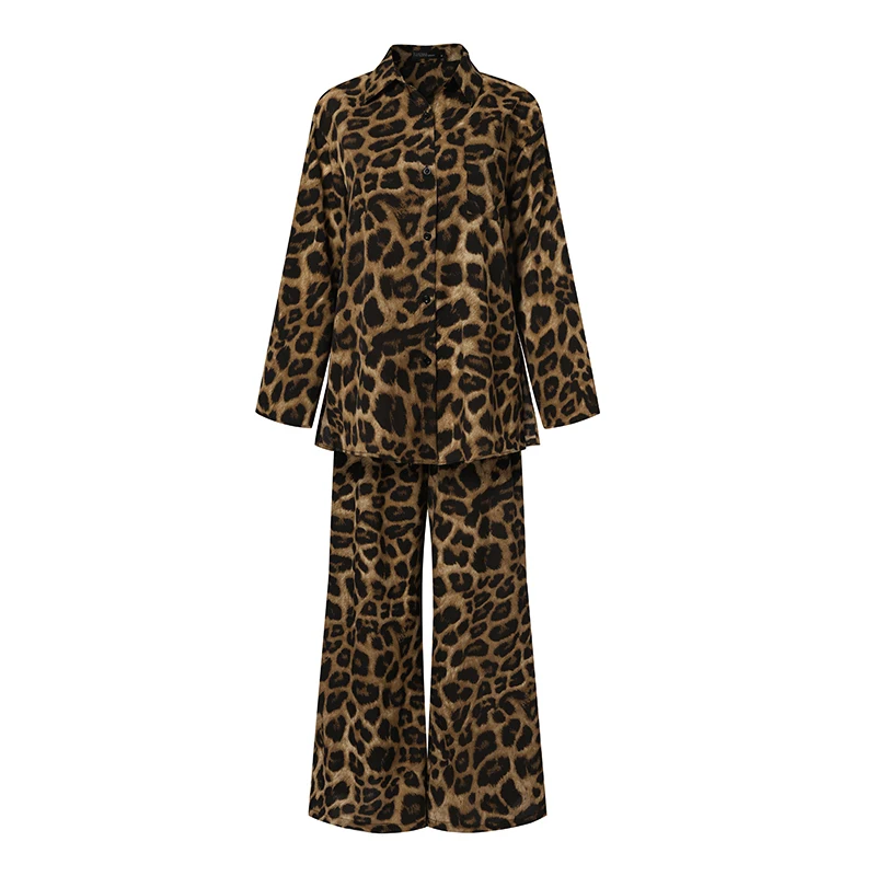 Fashion Women Leopard Print Pant Sets ZANZEA Casual Loose Tops and Pant Outfits 2023 Autumn Wide Leg Pant Leisure Two Piece Sets
