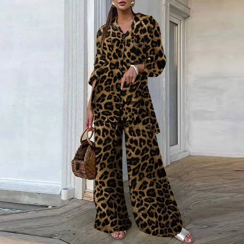 Fashion Women Leopard Print Pant Sets ZANZEA Casual Loose Tops and Pant Outfits 2023 Autumn Wide Leg Pant Leisure Two Piece Sets