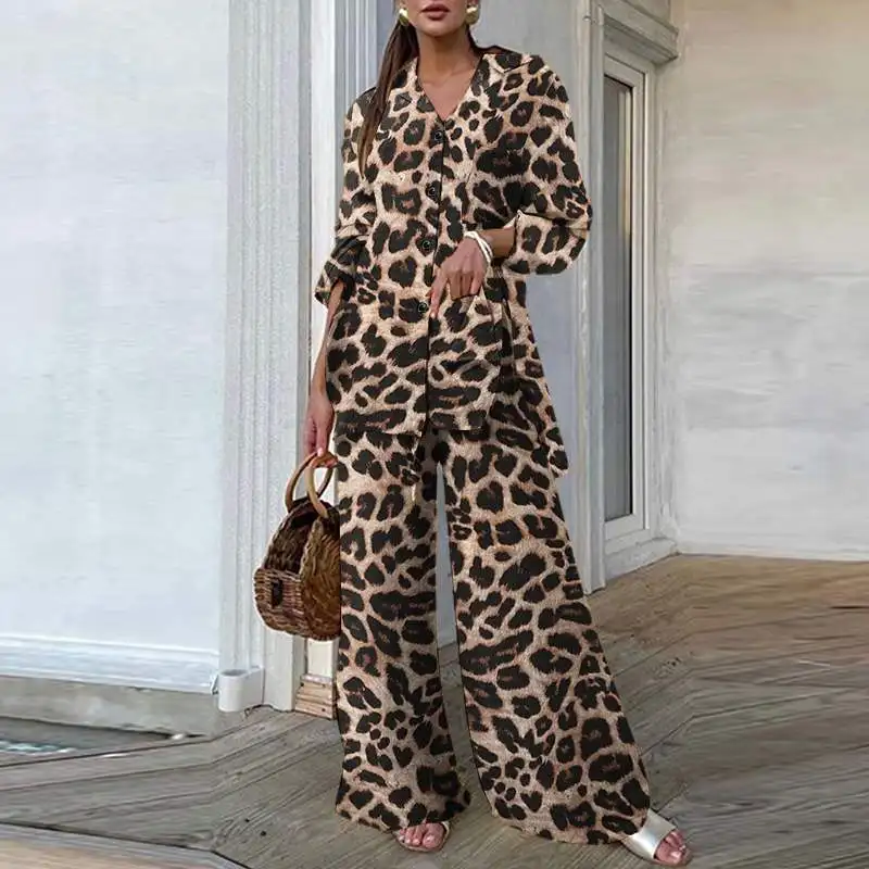 Fashion Women Leopard Print Pant Sets ZANZEA Casual Loose Tops and Pant Outfits 2023 Autumn Wide Leg Pant Leisure Two Piece Sets
