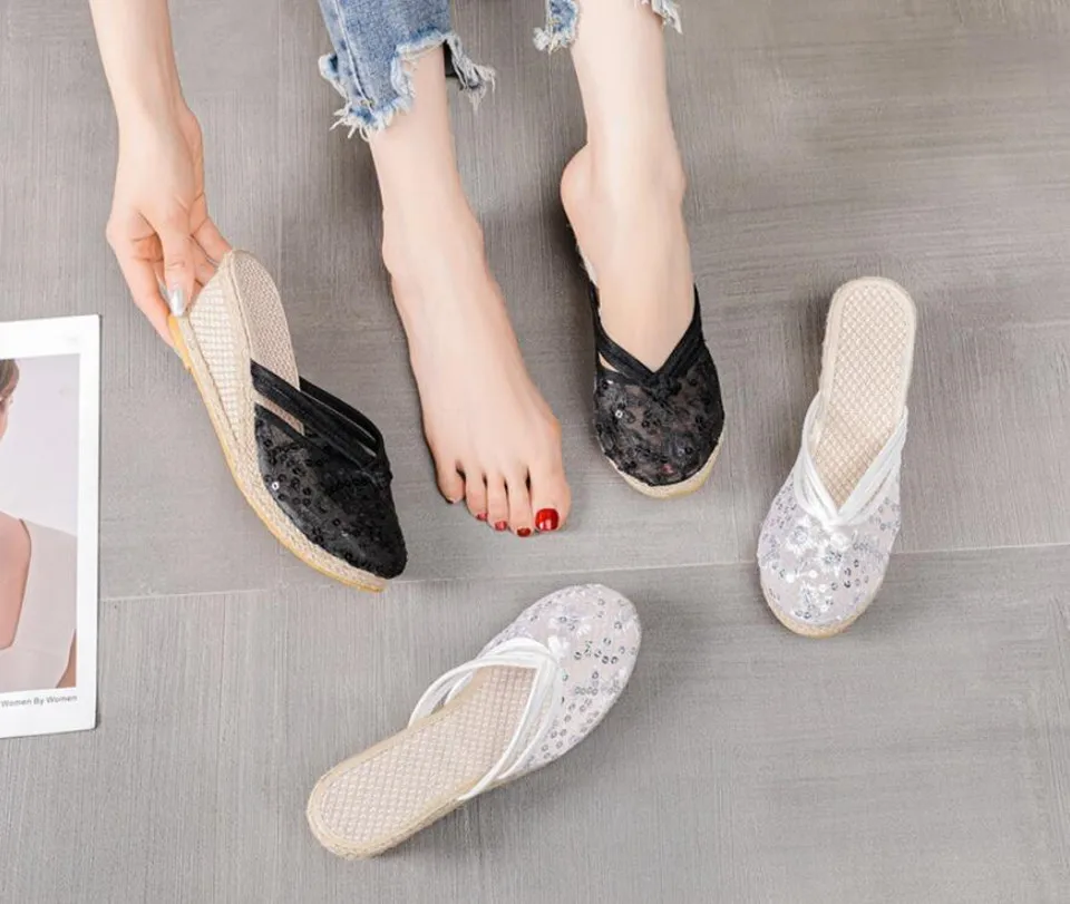 Air Mesh Wedge Slippers for Women Sequins Fashion Slides Ladies Closed Toe Leisure Outdoor Espadrilles High-heeled Slip on Mules