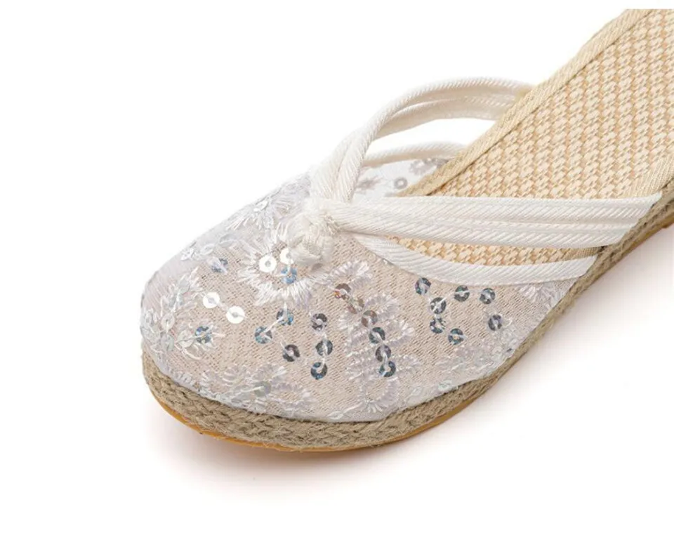 Air Mesh Wedge Slippers for Women Sequins Fashion Slides Ladies Closed Toe Leisure Outdoor Espadrilles High-heeled Slip on Mules
