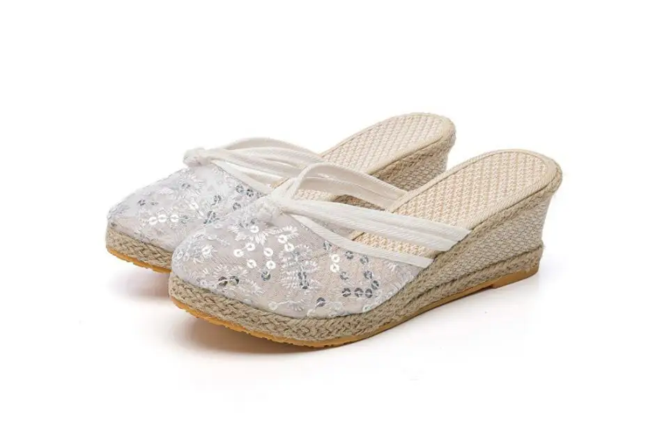 Air Mesh Wedge Slippers for Women Sequins Fashion Slides Ladies Closed Toe Leisure Outdoor Espadrilles High-heeled Slip on Mules