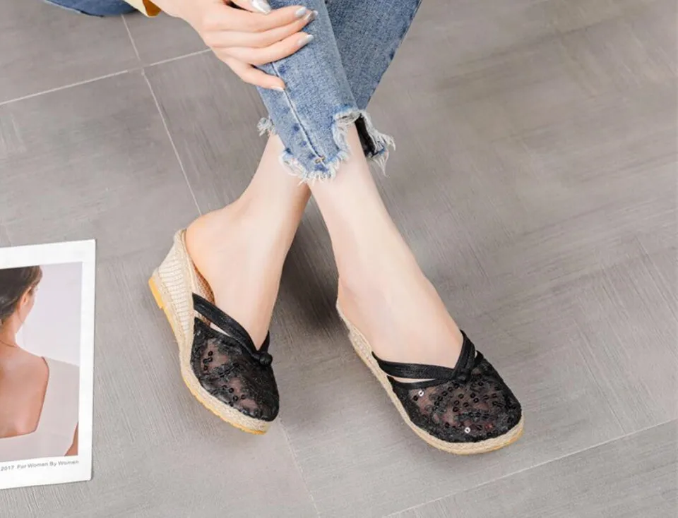 Air Mesh Wedge Slippers for Women Sequins Fashion Slides Ladies Closed Toe Leisure Outdoor Espadrilles High-heeled Slip on Mules