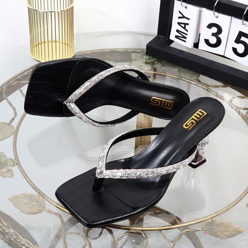 Female slippers Wholesale manufacturer2025 summer high-heeled rhinestone toe-clip women's shoes wear stiletto high heels