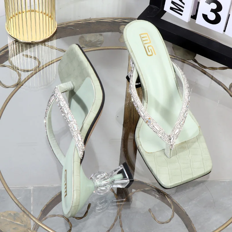 Female slippers Wholesale manufacturer2025 summer high-heeled rhinestone toe-clip women's shoes wear stiletto high heels