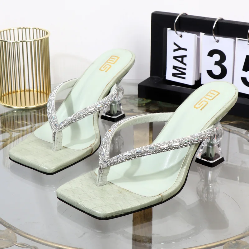 Female slippers Wholesale manufacturer2025 summer high-heeled rhinestone toe-clip women's shoes wear stiletto high heels