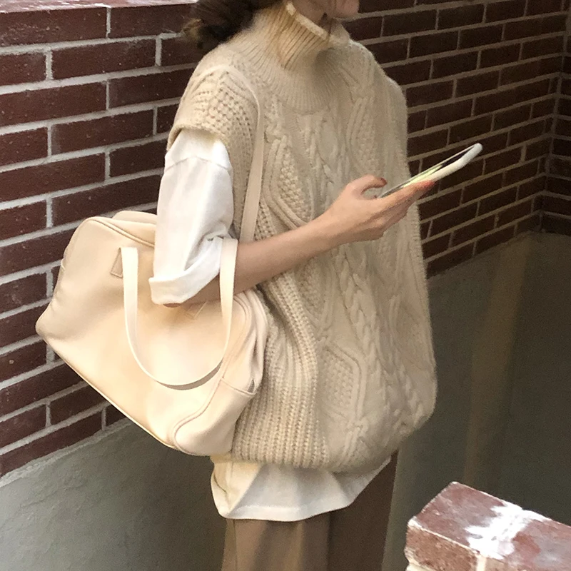 2021 New Women Spring Autumn Turtleneck Twist Sleeveless Short Tank Sweater Jacket Beige Knitted Pullover Waistcoat Vest