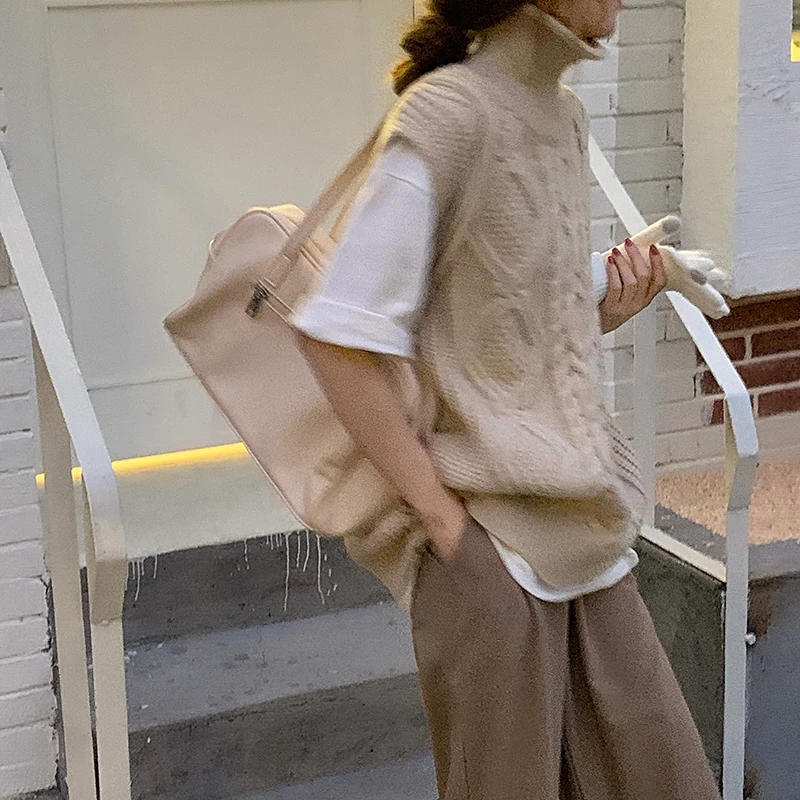 2021 New Women Spring Autumn Turtleneck Twist Sleeveless Short Tank Sweater Jacket Beige Knitted Pullover Waistcoat Vest