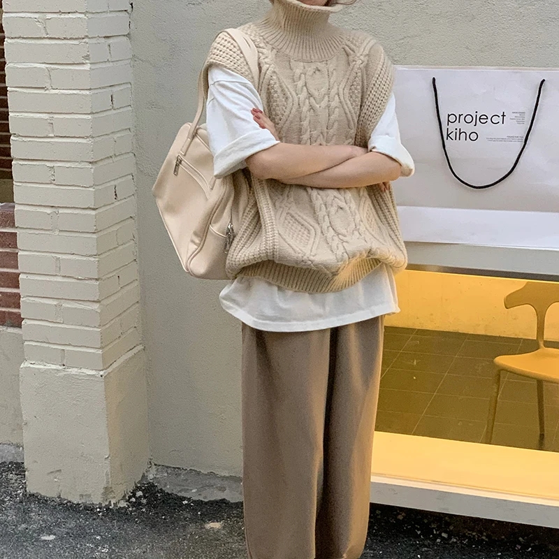2021 New Women Spring Autumn Turtleneck Twist Sleeveless Short Tank Sweater Jacket Beige Knitted Pullover Waistcoat Vest