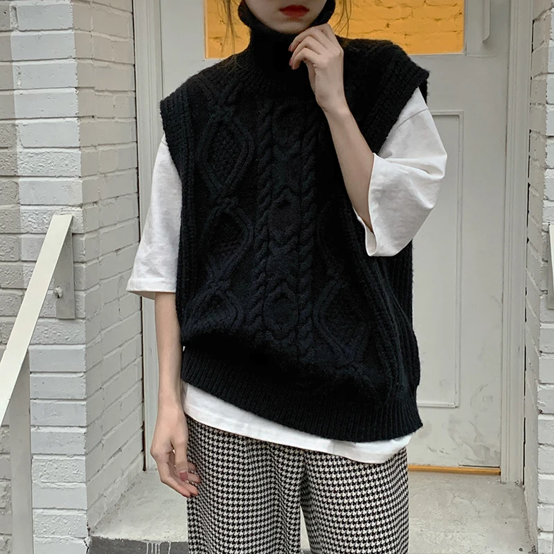 2021 New Women Spring Autumn Turtleneck Twist Sleeveless Short Tank Sweater Jacket Beige Knitted Pullover Waistcoat Vest