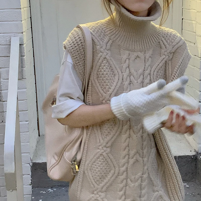 2021 New Women Spring Autumn Turtleneck Twist Sleeveless Short Tank Sweater Jacket Beige Knitted Pullover Waistcoat Vest
