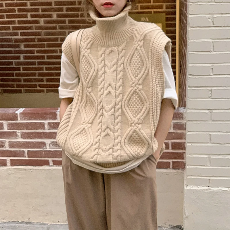 2021 New Women Spring Autumn Turtleneck Twist Sleeveless Short Tank Sweater Jacket Beige Knitted Pullover Waistcoat Vest