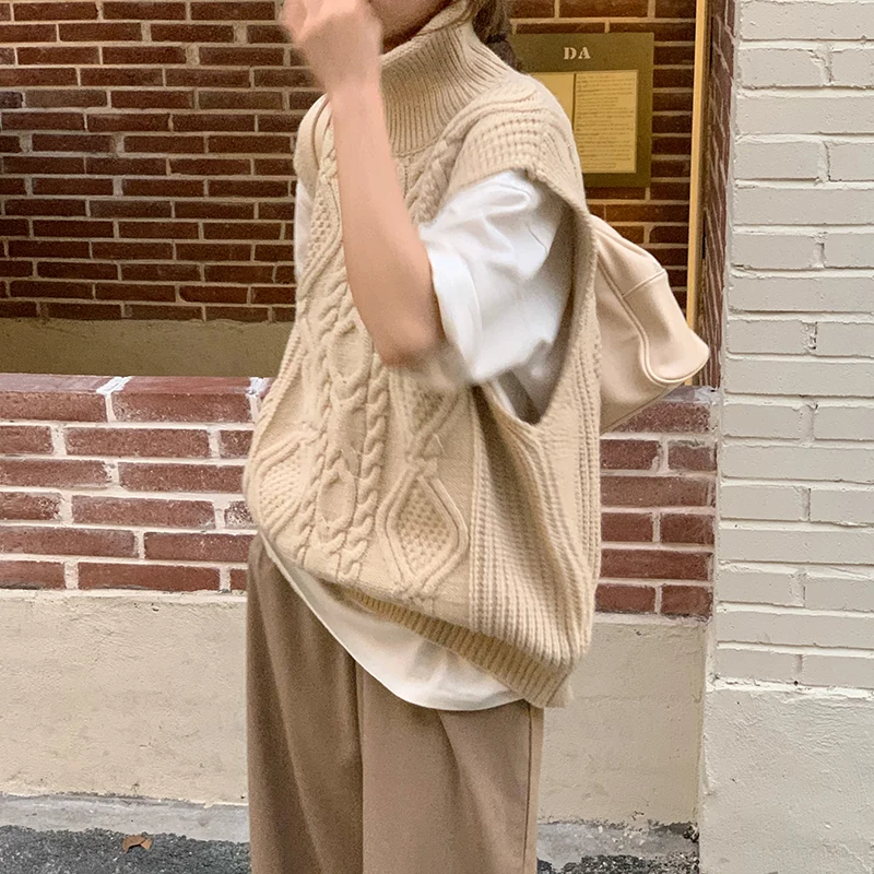 2021 New Women Spring Autumn Turtleneck Twist Sleeveless Short Tank Sweater Jacket Beige Knitted Pullover Waistcoat Vest