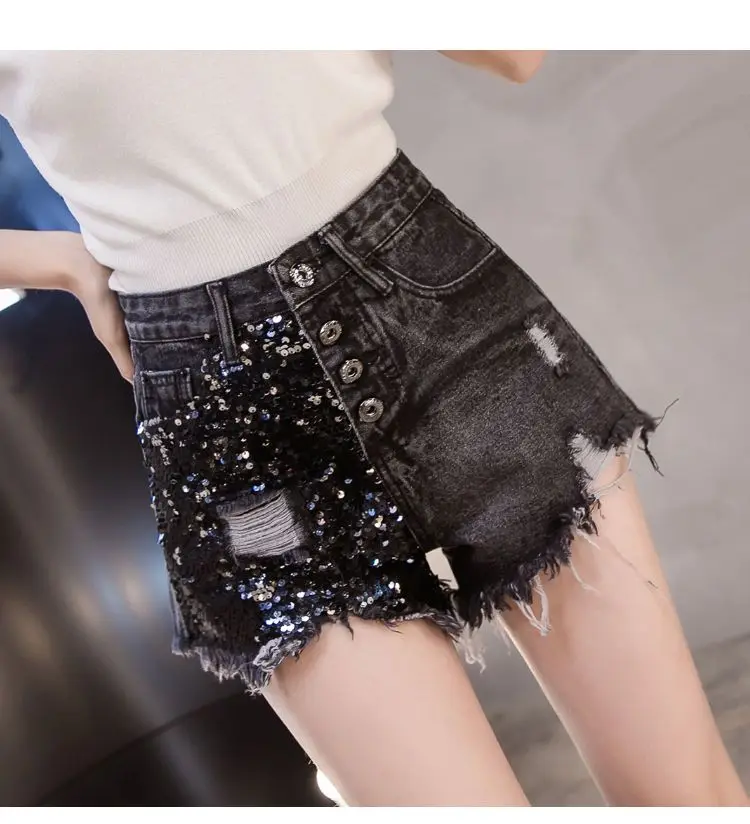 Korean Hot Short Pants Women Summer Wide Leg Vintage High Waist Aesthetic Fashion Sexy Casual Clothing Jean Denim Shorts Sequins