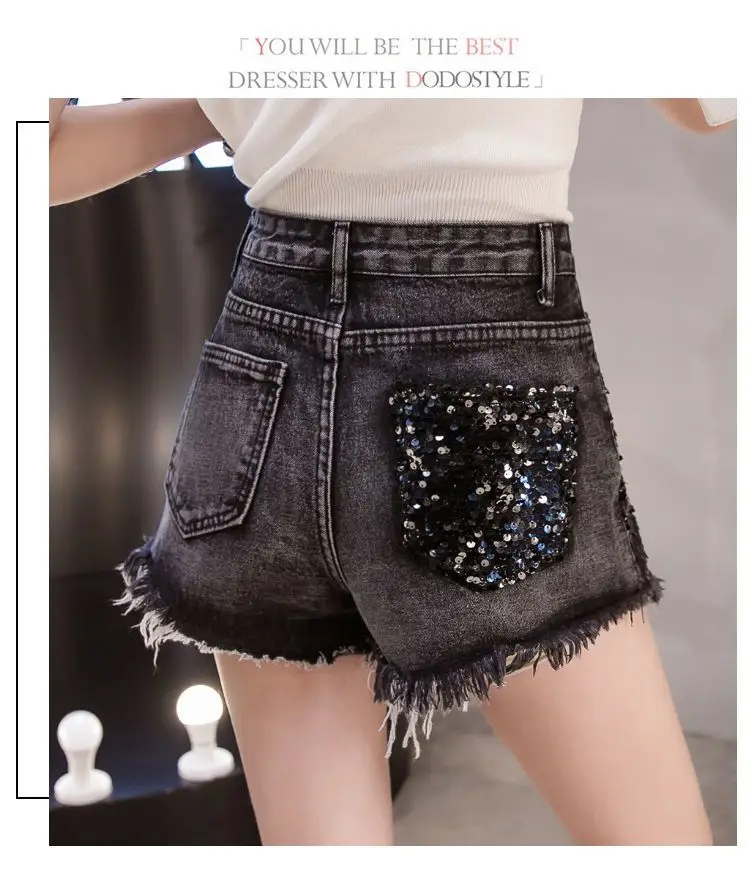 Korean Hot Short Pants Women Summer Wide Leg Vintage High Waist Aesthetic Fashion Sexy Casual Clothing Jean Denim Shorts Sequins