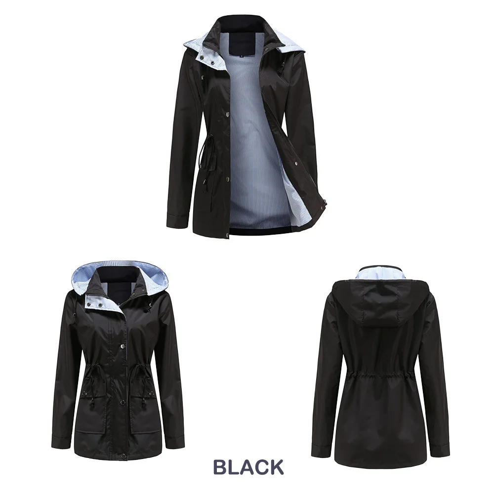 Autumn Winter Women Hooded Windbreaker Hiking Jacket Outdoor Camping Jackets Long Sleeve Zipper Waterproof Coat Outwear S-3XL