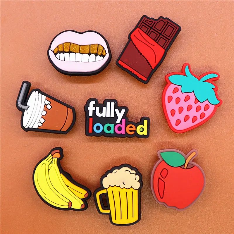 Cute Food Style Shoe Charms Accessories Coffee Chocolate Beer Banana Apple Shoes Buckle Decorations Fit Kids X-mas Party Gifts