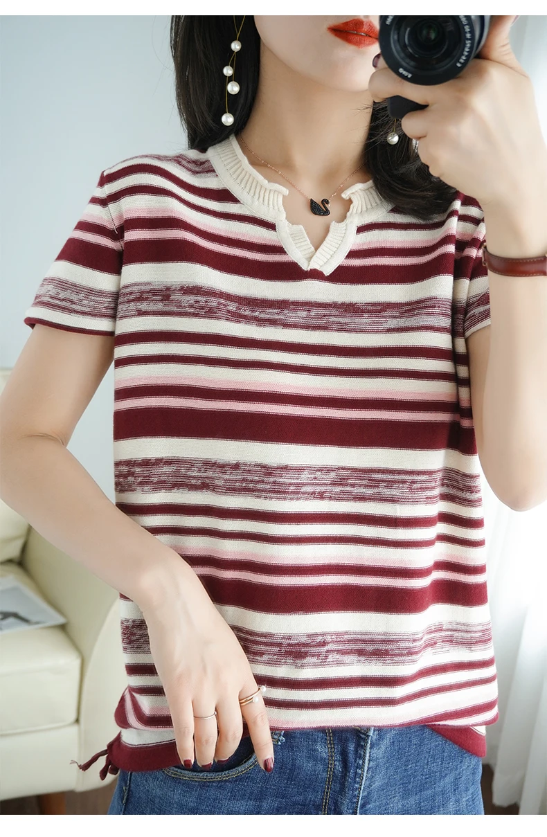 100% Cotton Short-sleeved Summer New Women's V-Neck Slim Pullover Tee Women's Plus Size Color stripe Knitted Bottoming T-shirt