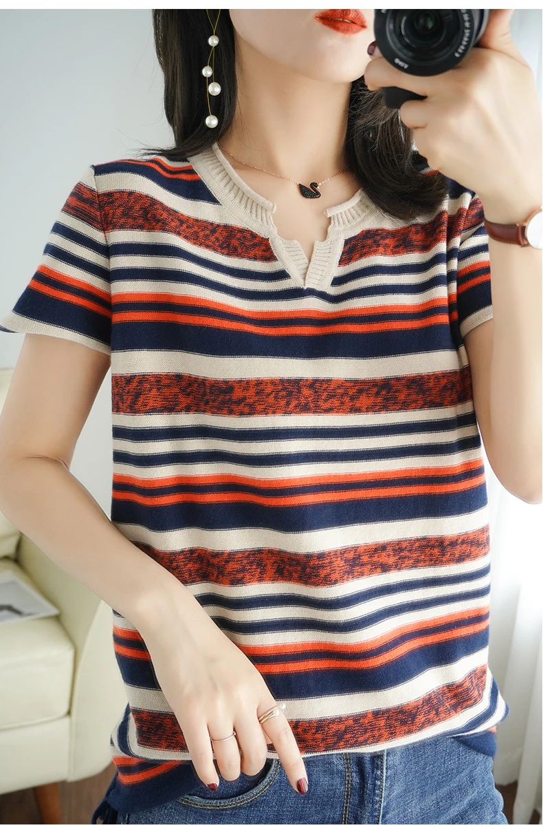 100% Cotton Short-sleeved Summer New Women's V-Neck Slim Pullover Tee Women's Plus Size Color stripe Knitted Bottoming T-shirt