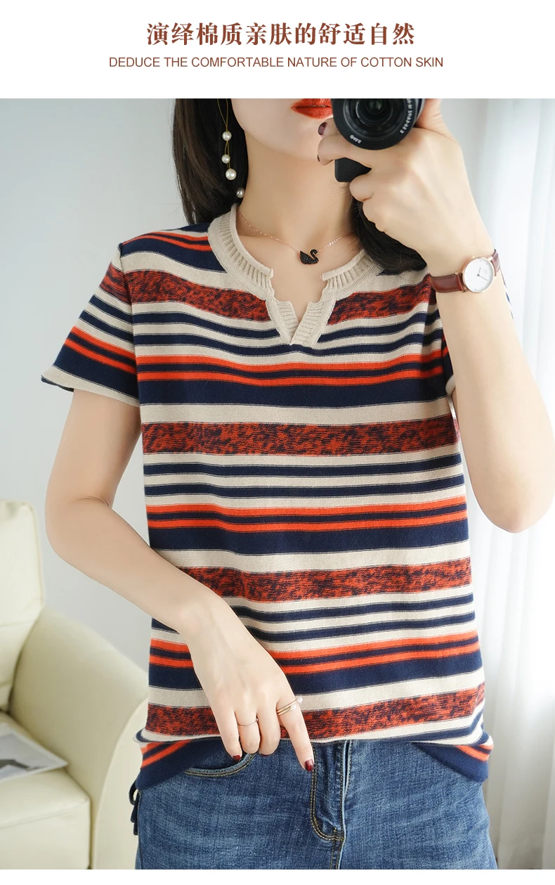 100% Cotton Short-sleeved Summer New Women's V-Neck Slim Pullover Tee Women's Plus Size Color stripe Knitted Bottoming T-shirt