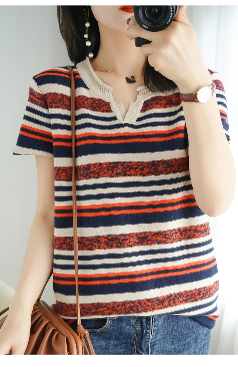 100% Cotton Short-sleeved Summer New Women's V-Neck Slim Pullover Tee Women's Plus Size Color stripe Knitted Bottoming T-shirt
