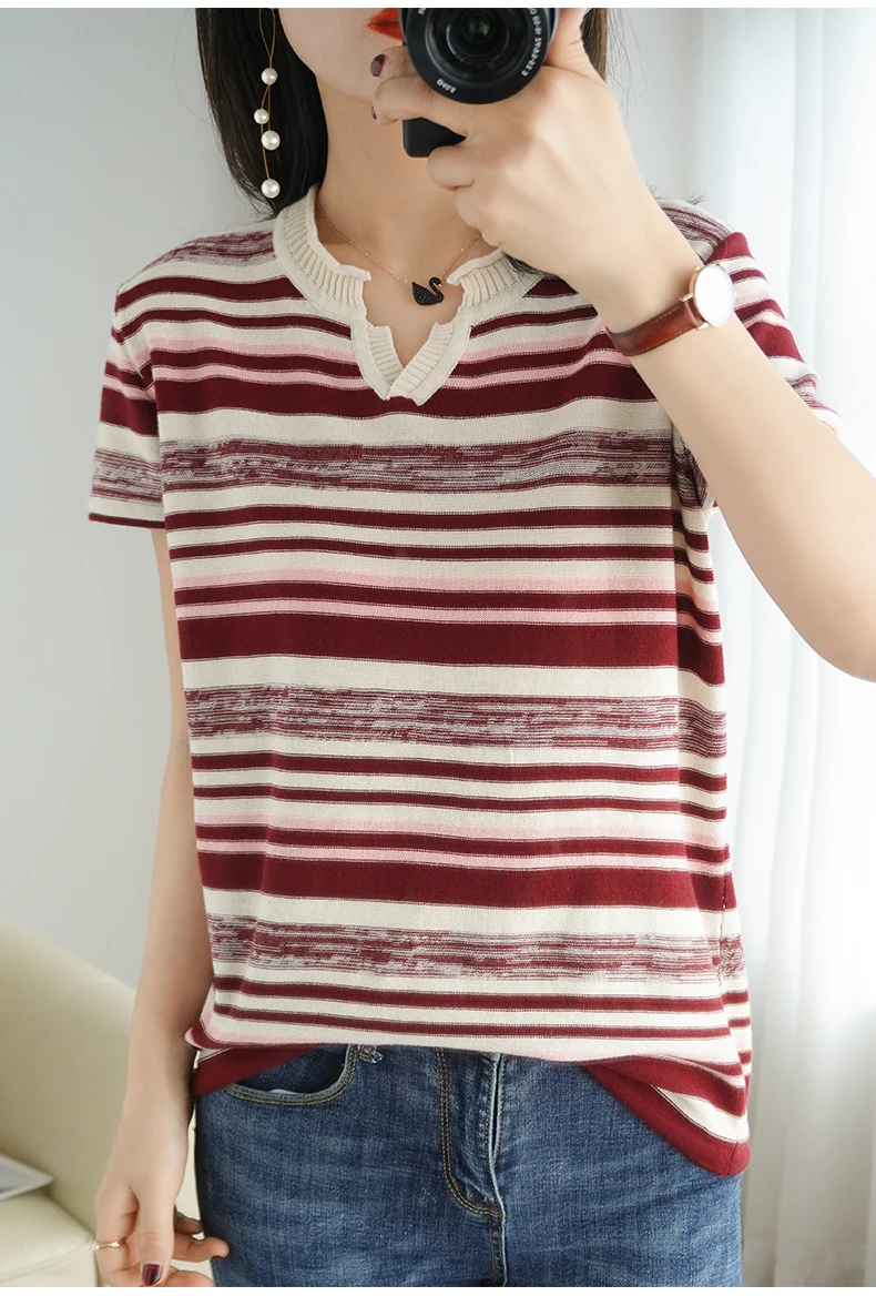 100% Cotton Short-sleeved Summer New Women's V-Neck Slim Pullover Tee Women's Plus Size Color stripe Knitted Bottoming T-shirt