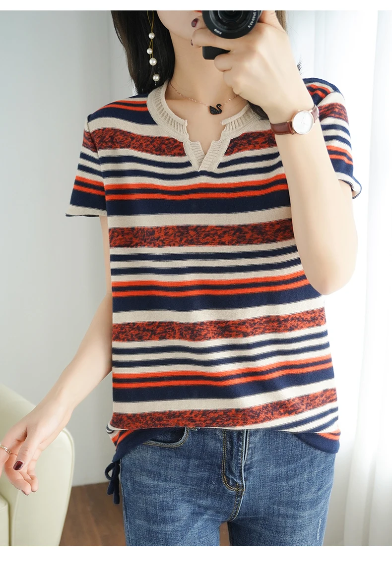 100% Cotton Short-sleeved Summer New Women's V-Neck Slim Pullover Tee Women's Plus Size Color stripe Knitted Bottoming T-shirt