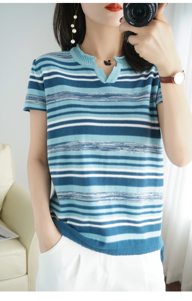 100% Cotton Short-sleeved Summer New Women's V-Neck Slim Pullover Tee Women's Plus Size Color stripe Knitted Bottoming T-shirt