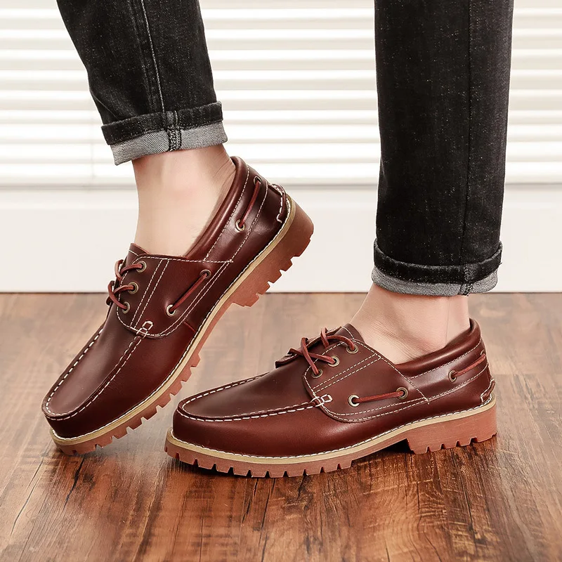 Fashion Genuine Leather Men's Loafers Soft Casual Shoes Moccasins Boat Shoes Platform Male Black Brown Lace-up Oxfords