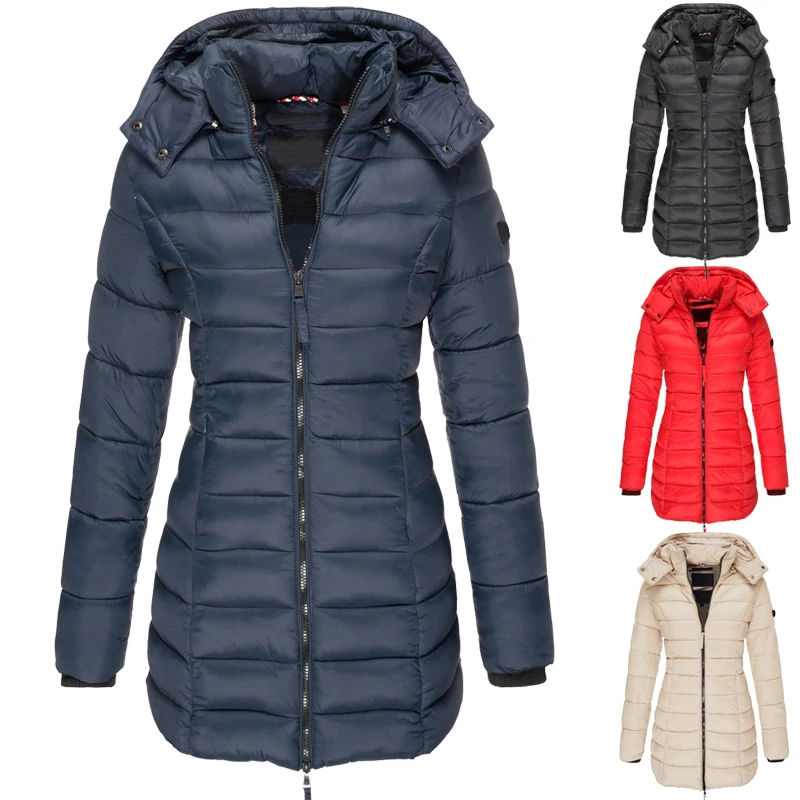 Winter Jackets for Women Zipper Hooded Cotton Padded Jackets Long Sleeve Warm Coat Slim Parka Female Portable Outwear