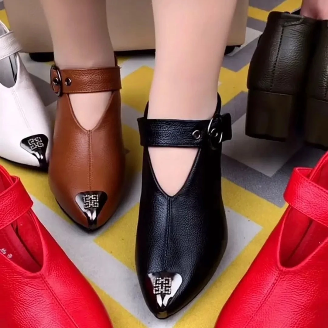 Designer V-neck Mary Jane Shoes Boot Female Top Quality Spring Leather Heart-Shape Heel Ladies boots Plus Size 43 Woman Booties