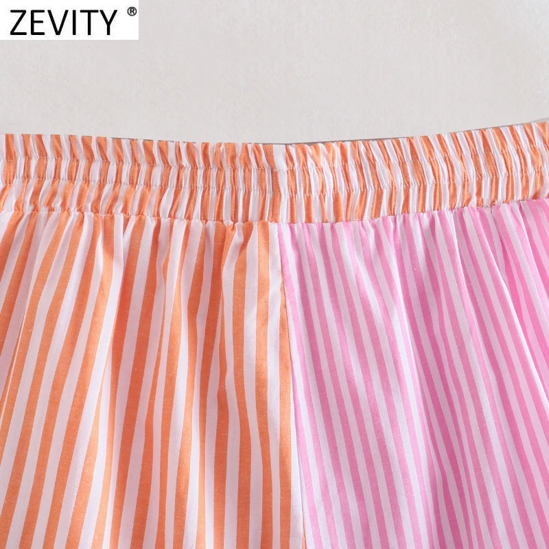Zevity Women Fashion Patchwork Striped Print Casual Hot Bermuda Shorts Female Chic Elastic Waist Summer Pantalone Cortos P1086