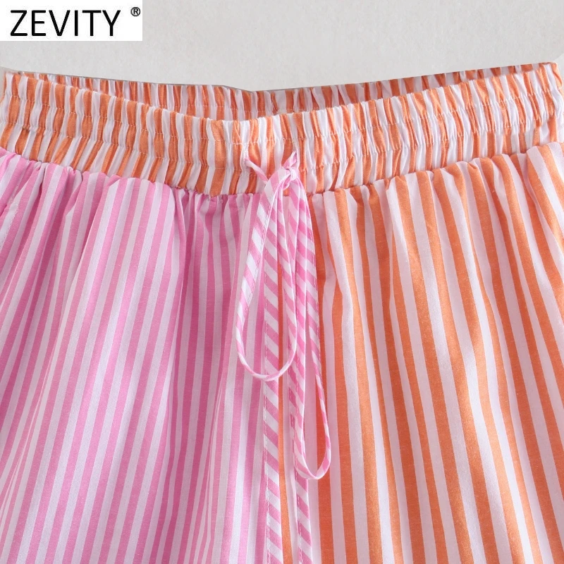 Zevity Women Fashion Patchwork Striped Print Casual Hot Bermuda Shorts Female Chic Elastic Waist Summer Pantalone Cortos P1086