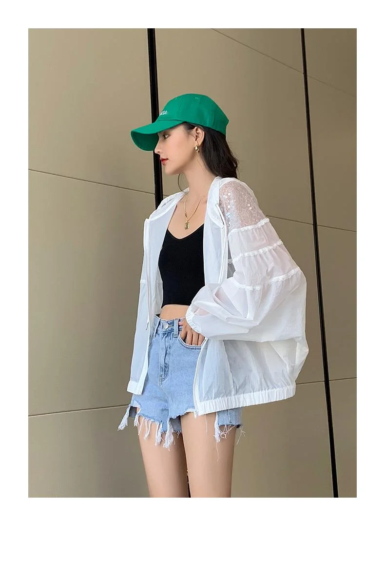 Amax luluE Summer 2024 British Fashion Sun Protective Clothing Ladies Sequins White Jackets Ladies Casual Hooded Oversized Coats